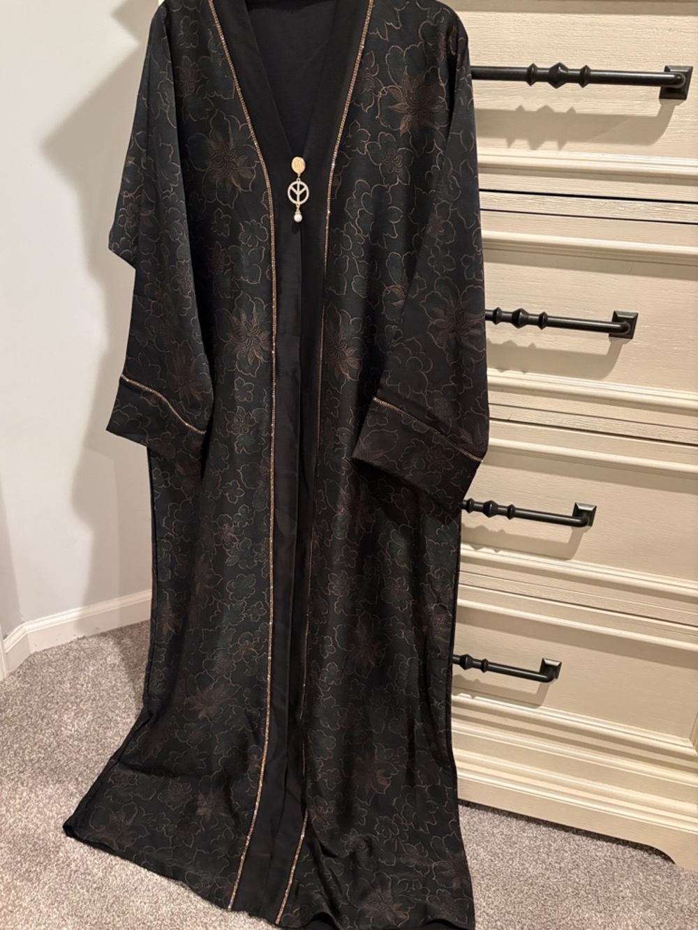 Elegant Black Floral Abaya with Gold Trim